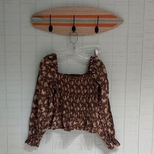 NWOT Smocked Brown Floral Long-Sleeve Blouse